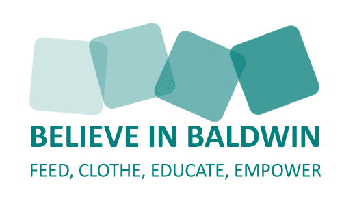 Baldwin Center four square logo. Believe in Baldwin. Feed, Clothe, Educate, Empower. 